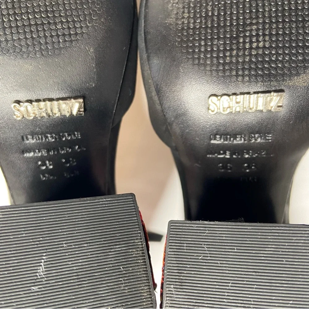Schutz Black Suede Open Toe Ankle Strap Embroidered Block Heel Size 38